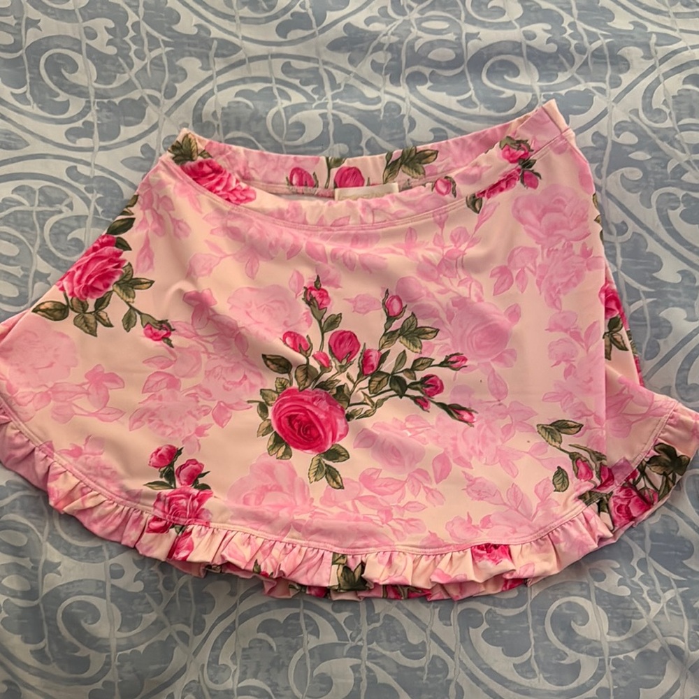 LoveShackFancy Pink Ruffled Skater Mini Skirt